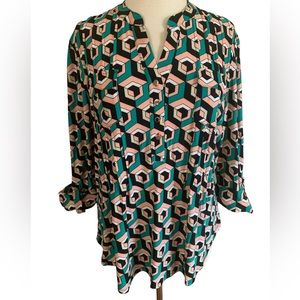 COCOMO 3/4 sleeve green pink women’s Blouse top tunic shirt LARGE